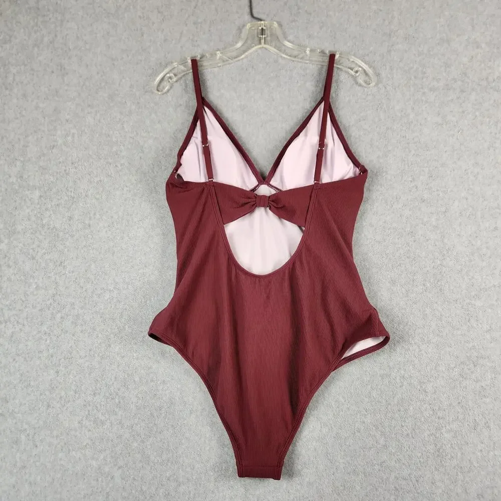 🌼NWT Cupshe Swimsuit Large One Piece Removable Cups Adj Straps Ribbed Burgandy - Picture 7 of 16
